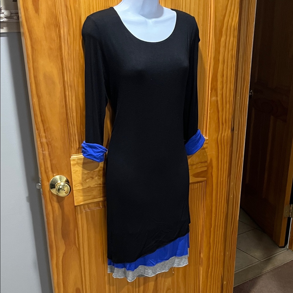 Cha Cha Vente Black Dress with Blue and Gray Accents - Picture 2 of 10